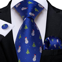 DiBanGu Blue Christmas Snowman Tree Necktie Pocket Square Cufflinks Set