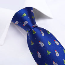 DiBanGu Blue Christmas Snowman Tree Necktie Pocket Square Cufflinks Set