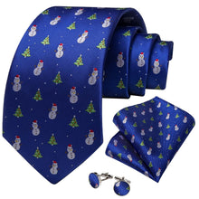 DiBanGu Blue Christmas Snowman Tree Necktie Pocket Square Cufflinks Set