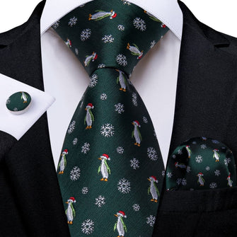 DiBanGu Green Christmas Penguins Snowflake Necktie Pocket Square Cufflinks Set