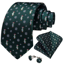 DiBanGu Green Christmas Penguins Snowflake Necktie Pocket Square Cufflinks Set