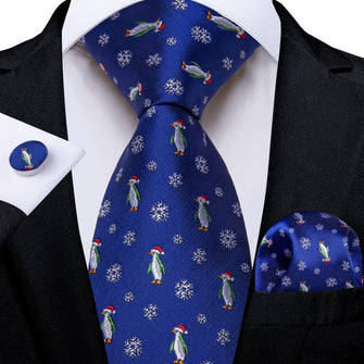 DiBanGu Blue Christmas Penguins Snowflake Necktie Pocket Square Cufflinks Set