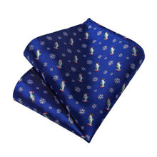 DiBanGu Blue Christmas Penguins Snowflake Necktie Pocket Square Cufflinks Set