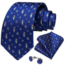 DiBanGu Blue Christmas Penguins Snowflake Necktie Pocket Square Cufflinks Set