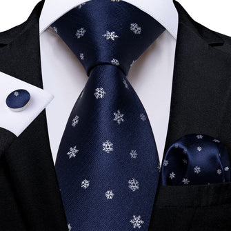 DiBanGu Dark Blue White Christmas Snowflake Necktie Pocket Square Cufflinks Set