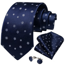 DiBanGu Dark Blue White Christmas Snowflake Necktie Pocket Square Cufflinks Set