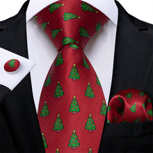 DiBanGu Red Green Christmas Tree Men's Tie Pocket Square Cufflinks Set