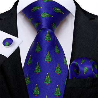 DiBanGu Blue Green Christmas Tree Men's Tie Pocket Square Cufflinks Set