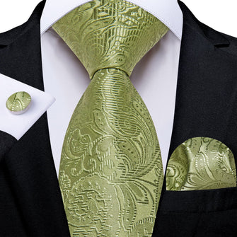 DiBanGu Sage Green Floral Silk Mens Tie Pocket Square Cufflinks Set