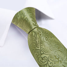 DiBanGu Sage Green Floral Silk Mens Tie Pocket Square Cufflinks Set