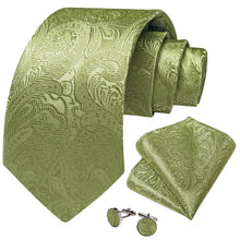 DiBanGu Sage Green Floral Silk Mens Tie Pocket Square Cufflinks Set