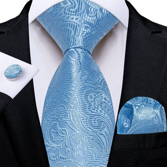 DiBanGu Celestial Blue Paisley Silk Mens Tie Pocket Square Cufflinks Set