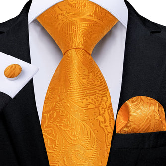 DiBanGu Tangerine Orange Paisley Silk Mens Tie Pocket Square Cufflinks Set