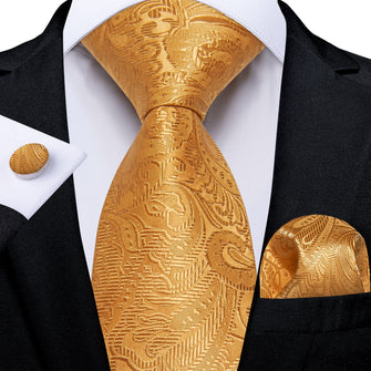 DiBanGu Gold Paisley Silk Mens Tie Pocket Square Cufflinks Set