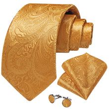 DiBanGu Gold Paisley Silk Mens Tie Pocket Square Cufflinks Set