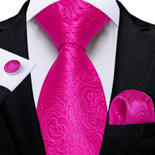 DiBanGu Hot Pink Paisley Silk Mens Tie Pocket Square Cufflinks Set