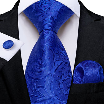 DiBanGu Cobalt Blue Paisley Silk Mens Tie Pocket Square Cufflinks Set