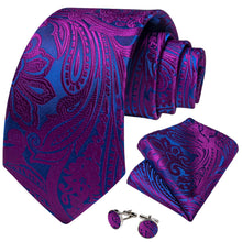 DiBanGu Purple Blue Floral Silk Mens Tie Pocket Square Cufflinks Set