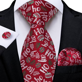 DiBanGu Red Christmas Alphabet Necktie Pocket Square Cufflinks Set