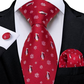 DiBanGu Red Christmas Penguins Snowflake Necktie Pocket Square Cufflinks Set