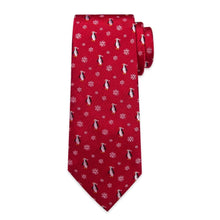 DiBanGu Red Christmas Penguins Snowflake Necktie Pocket Square Cufflinks Set