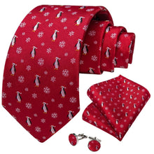 DiBanGu Red Christmas Penguins Snowflake Necktie Pocket Square Cufflinks Set