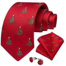 DiBanGu Red Green Christmas Tree Necktie Pocket Square Cufflinks Set