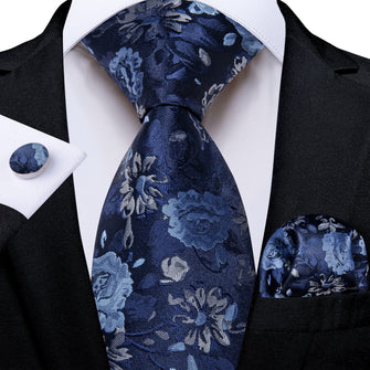 DiBanGu Dark Midnight Blue Floral Silk Mens Tie Hanky Cufflinks Set