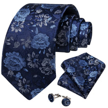 DiBanGu Dark Midnight Blue Floral Silk Mens Tie Hanky Cufflinks Set