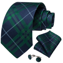 DiBanGu Deep Blue Green Striped Silk Mens Tie Hanky Cufflinks Set