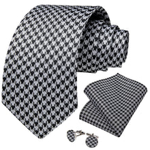 DiBanGu Black White Novelty Pattern Silk Mens Tie Hanky Cufflinks Set