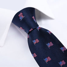 DiBanGu Deep Blue Novelty American Flag Pattern Silk Mens Tie Hanky Cufflinks Set