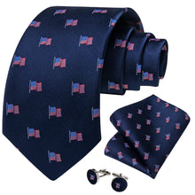 DiBanGu Deep Blue Novelty American Flag Pattern Silk Mens Tie Hanky Cufflinks Set