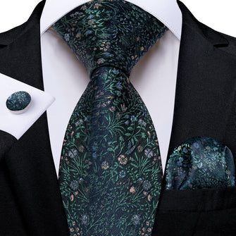 DiBanGu Forest Green Floral Pattern Silk Mens Tie Hanky Cufflinks Set