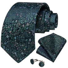 DiBanGu Forest Green Floral Pattern Silk Mens Tie Hanky Cufflinks Set