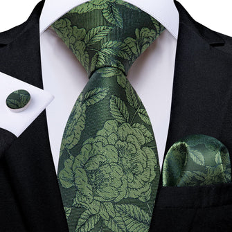 DiBanGu Olive Green Floral Silk Mens Tie Hanky Cufflinks Set