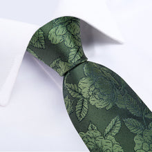 DiBanGu Olive Green Floral Silk Mens Tie Hanky Cufflinks Set