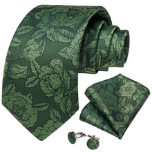 DiBanGu Olive Green Floral Silk Mens Tie Hanky Cufflinks Set