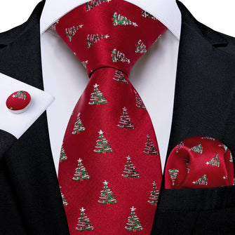 DiBanGu Red Green Christmas Tree Necktie Pocket Square Cufflinks Set