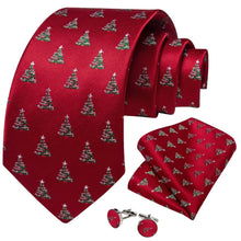 DiBanGu Red Green Christmas Tree Necktie Pocket Square Cufflinks Set