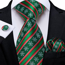 DiBanGu Green Red Striped Christmas Snowflake Necktie Pocket Square Cufflinks Set