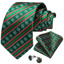 DiBanGu Green Red Striped Christmas Snowflake Necktie Pocket Square Cufflinks Set