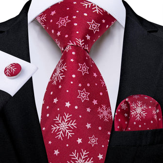 DiBanGu Christmas Silk Red White Snow Men's Tie Pocket Square Cufflinks Set