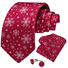 DiBanGu Christmas Silk Red White Snow Men's Tie Pocket Square Cufflinks Set