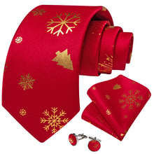 DiBanGu Christmas Silk Red Gold Snow Men's Tie Pocket Square Cufflinks Set