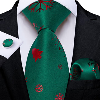 DiBanGu Green Red Christmas Snowflake Tree Necktie Pocket Square Cufflinks Set