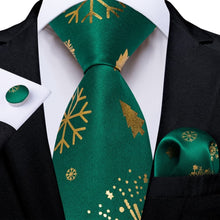 DiBanGu Green Gold Christmas Snowflake Necktie Pocket Square Cufflinks Set