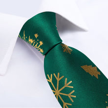 DiBanGu Green Gold Christmas Snowflake Necktie Pocket Square Cufflinks Set