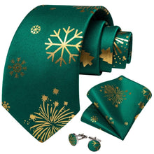 DiBanGu Green Gold Christmas Snowflake Necktie Pocket Square Cufflinks Set