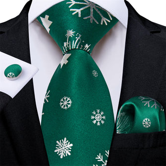 DiBanGu Christmas Silk Green White Snow Men's Tie Pocket Square Cufflinks Set